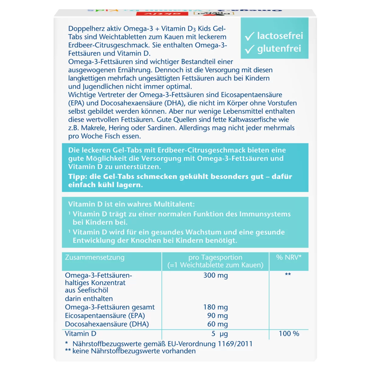 Abbildung der Produktverpackung Doppelherz aktiv Omega-3 + Vitamin D3 Kids Rückansicht